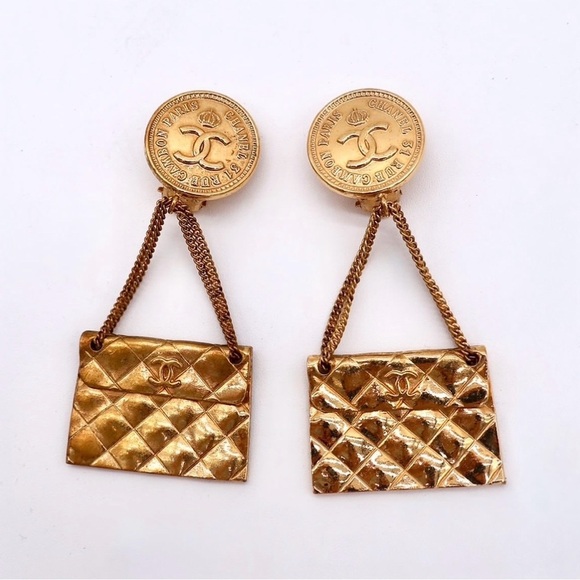 CHANEL Jewelry - Coco Chanel Vintage Gold Metal CC Coin and Quilted Flap Bag Drop Earrings 1993